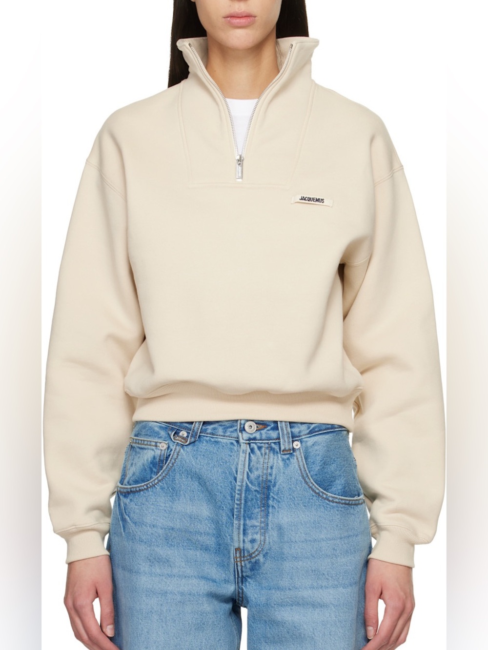 Jacquemus Le Camionneur Gros Grain Cotton Fleece Quarter Zip Pullover Beige